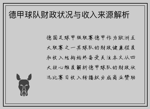德甲球队财政状况与收入来源解析